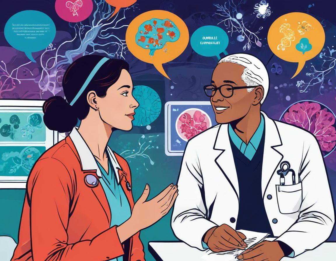 A vibrant comic-style illustration depicting a healthcare professional and a patient engaged in a conversation using illustrated panels. The background shows elements of a hospital with whimsical graphics of cells and cancer awareness symbols, creating a visual narrative of understanding and hope. Include thought bubbles filled with informative text and emotions to enhance communication. vibrant colors. comic art style. white background.