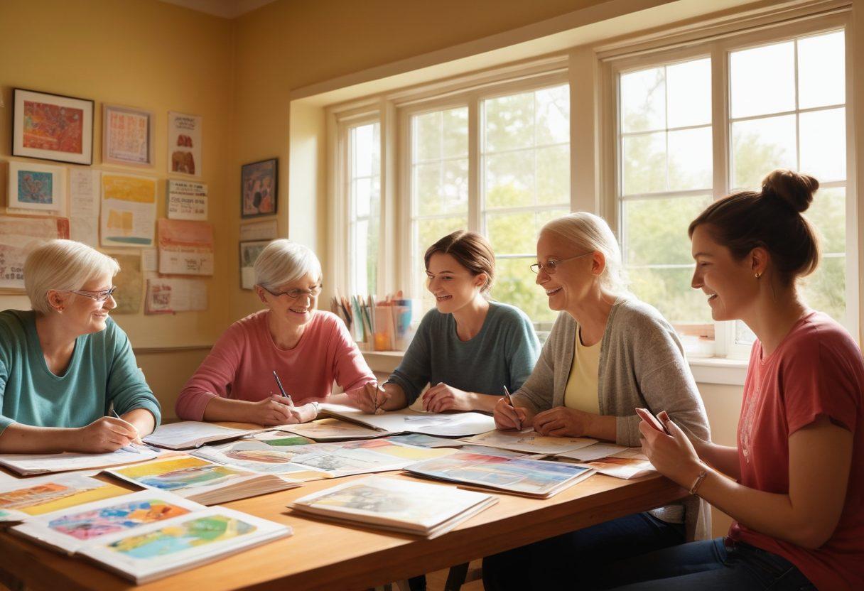A serene and uplifting scene depicting a group of cancer patients engaged in a graphic novel art workshop, surrounded by colorful artwork and inspirational quotes. Show expressions of joy and creativity as they collaborate, with soft natural light streaming in through a window, symbolizing hope and healing. Include elements like sketchbooks, paints, and finished graphic novel pages scattered around. super-realistic. vibrant colors. warm lighting.
